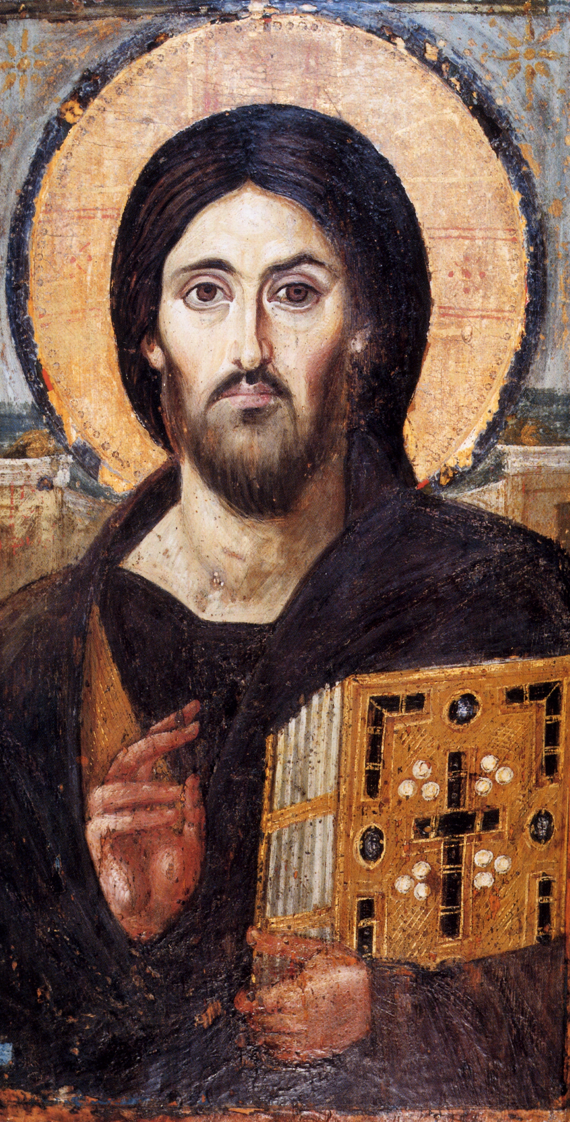 Christus Pantokrator (der Allherrscher) — eine der ältesten erhaltenen Ikonen, Katharinenkloster auf dem Sinai (6. Jh.)